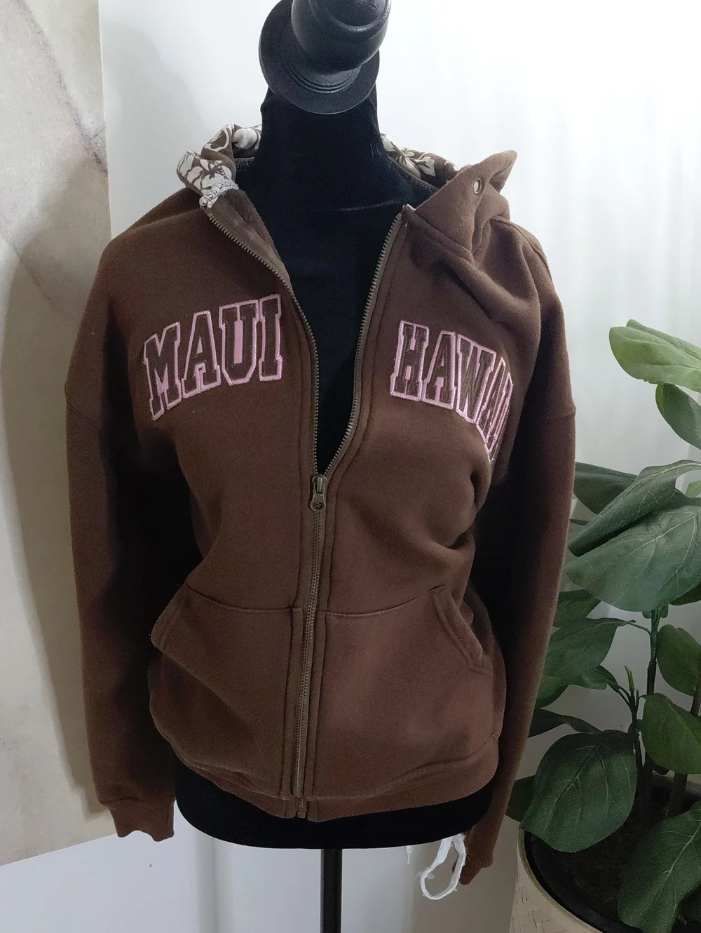 Maui Hawaii Brown Utility Zip-Up Jacket with Pink Lettering